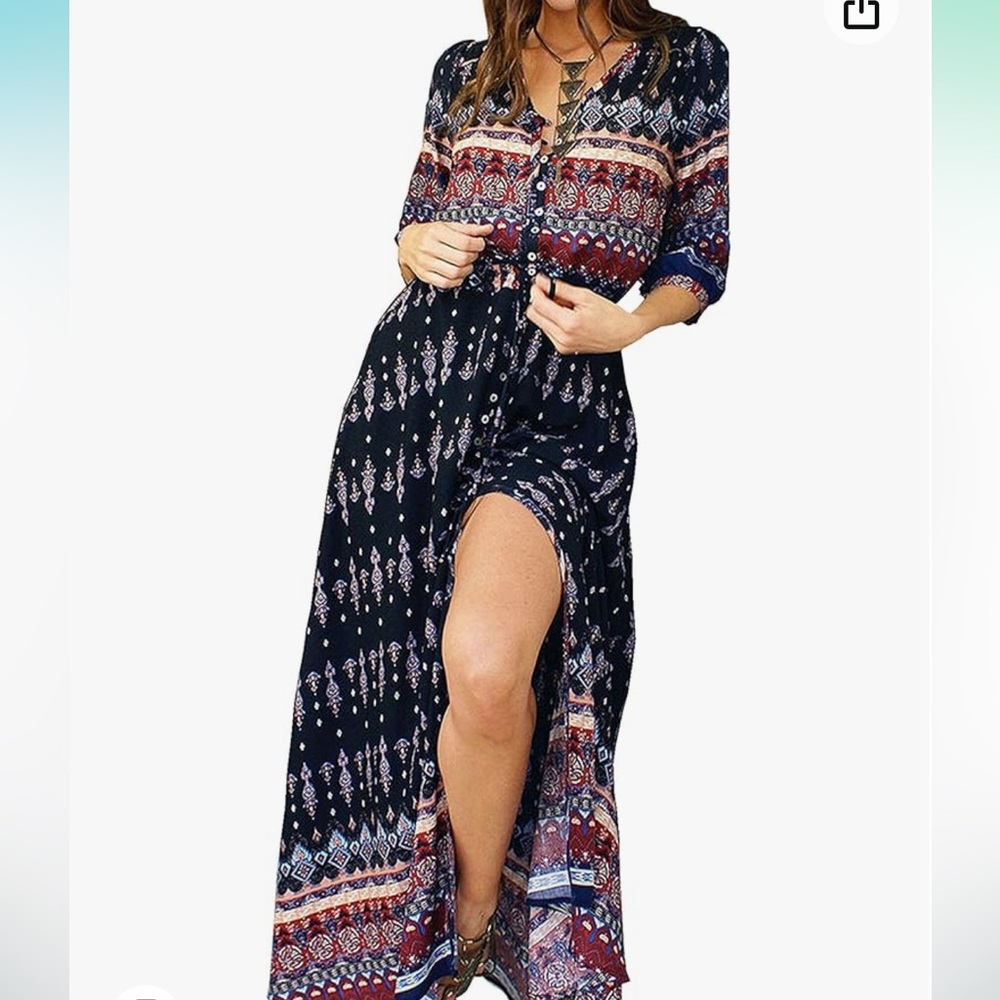Women's Summer Boho Button Up Floral
Print Roll Up Causal  Midi Dresses (medium)